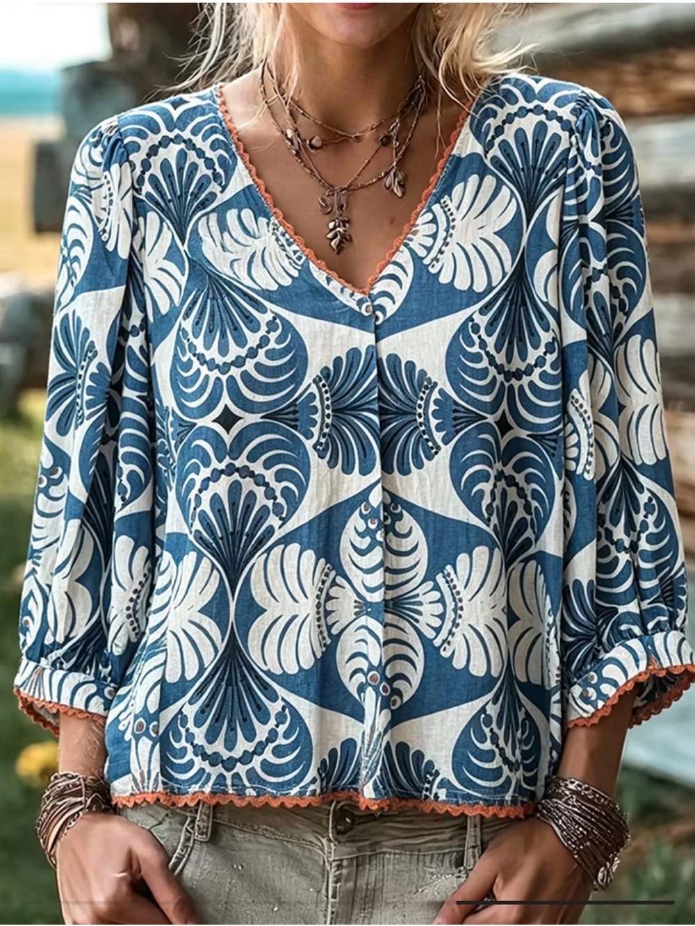 Blue and White Printed V-Neck Women's Top